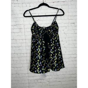 Victoria's Secret Y2K Black Butterfly Print‎ Satin Babydoll Cami Bow Top XS